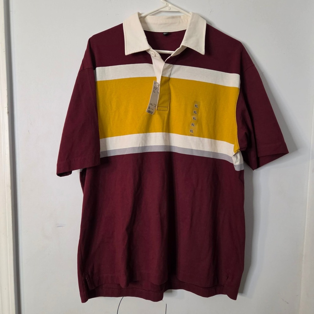 Uniqlo Mens Rugger Striped Short Sleeve Polo Shirt Wine Yellow XL 341-457898 NEW